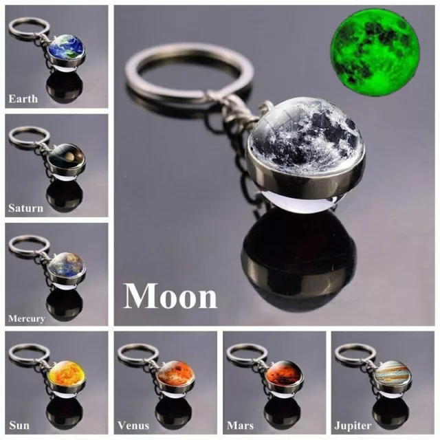 Galaxy Solar System Glow in the Dark Double Side Glass Ball Planet Keychain Ring