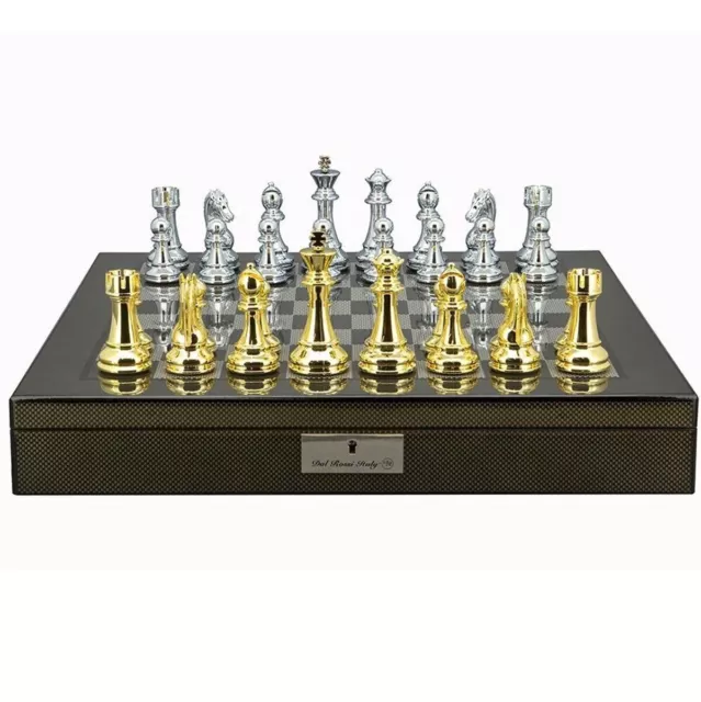 Dal Rossi Italy Chess Set Silver/Gold on Carbon Fibre Shiny Finish 20" Board