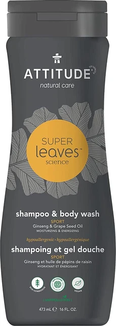 Champú y lavado corporal Super Leaves Science ginseng y aceite de semilla de uva, 16 oz