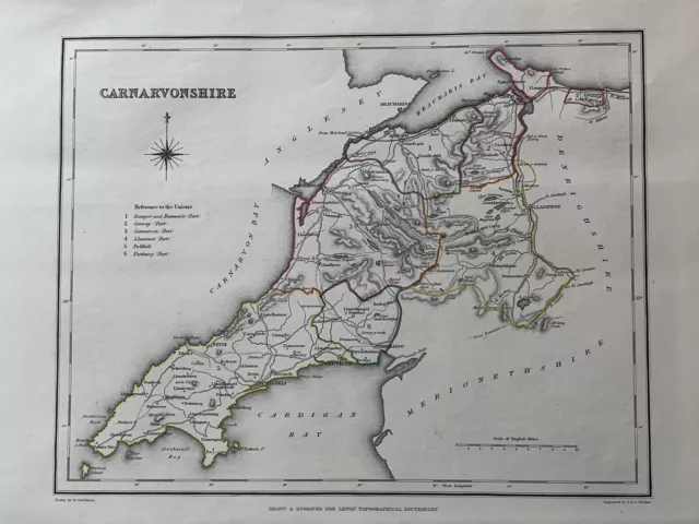 1848 Caernarfonshire, Wales Original Antique Hand Coloured Map 172 Years Old