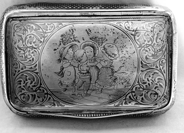 Antique Russian Sterling Silver Niello Engraved Cigarette Case, Children Playing