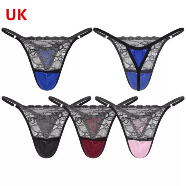 UK Sexys Mens Sissy Satin Underwear Thong Lace Patchwork Panties G-string Briefs