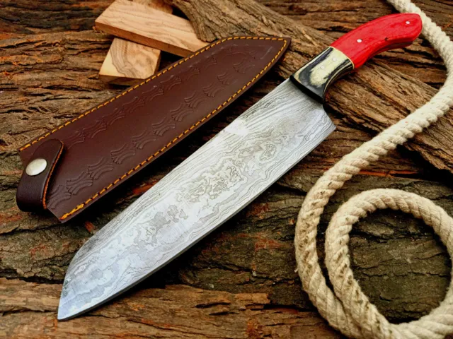 Custom Hand Forged Damascus Steel Chef Knife Full Tang Wood Handle
