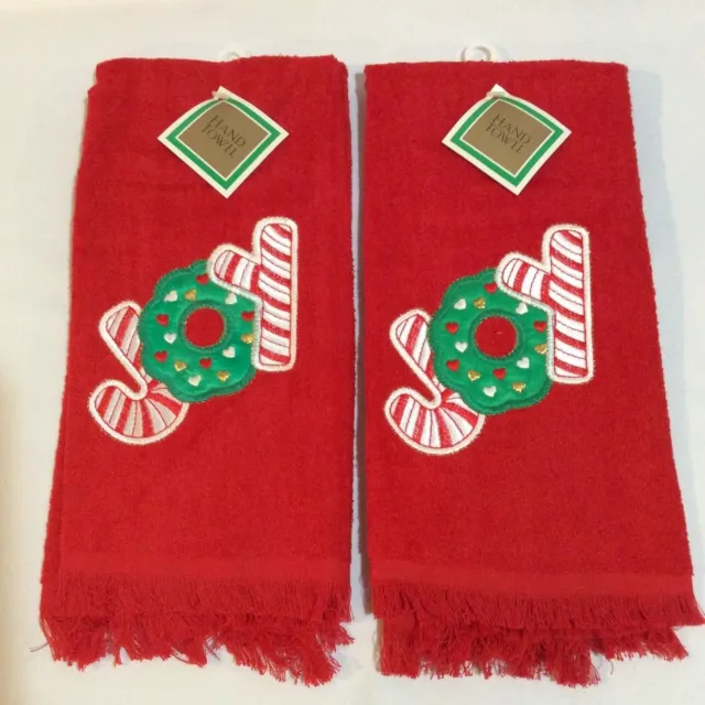 Vintage Embroidered Red Christmas Joy Hand Kitchen Dish Towels Candy Cane Wreath