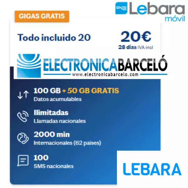 Tarjeta Sim Prepago Lebara Con 150 Gb + Llamadas Ilimitadas + Internacionales