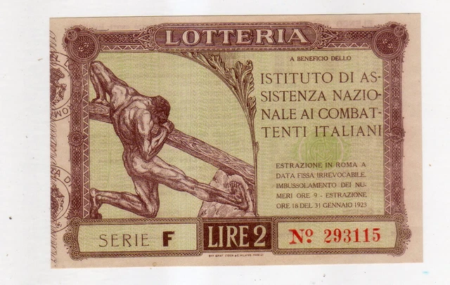 Lotteria" Istituto Assicurazione Combattenti Italiani" Lire 2  Verdino-1923