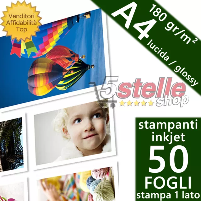 50 Fogli Carta Fotografica A4 Premium Foto Glossy Lucida 180 Gr. Stampa Inkjet