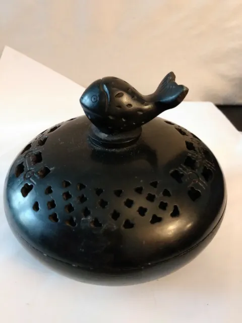 Antique Black Oriental Incense Bowl W/ Carved Fish Lid