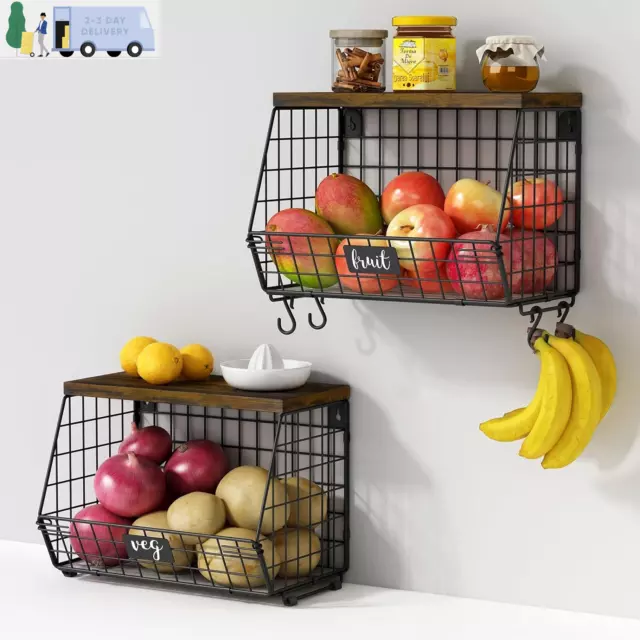 Hanging Wall Fruit Basket for Kitchen Counter 2 Pack, Stackable Wire Baskets for