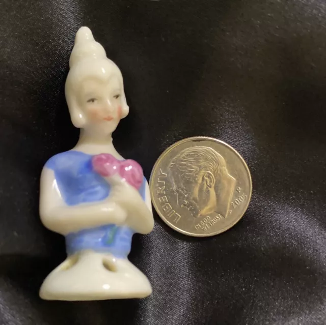 TINY GERMAN CHINA HEAD Torso DOLL MINIATURE SIZE-Blonde HAIR 2” Pink flowers