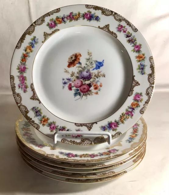 6 Royal Bayreuth Floral Pattern With Gold Trim 8 5/8" Luncheon Plates