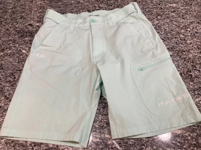 Pantalones cortos de pesca Huk para hombre grandes medidas 33 espuma de mar verde como nuevos 9"" entrepierna Usado en excelente estado