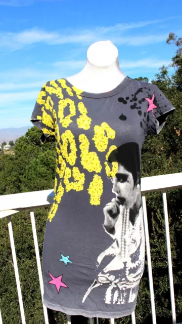 T-shirt tunique gris S Rock N Luck avec perles d'embellissement logo gemmes brillantes Elvis