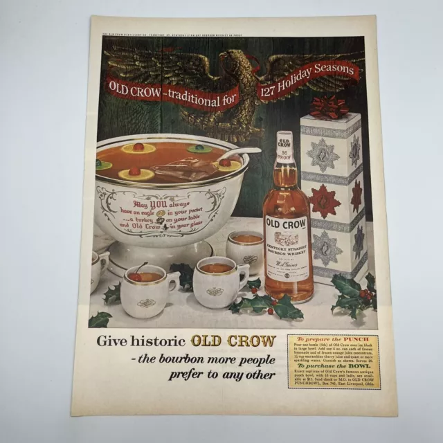 Old Crow Bourbon Whiskey 1962 Vtg Print Ad 10"x13.5" punch recipe Xmas party