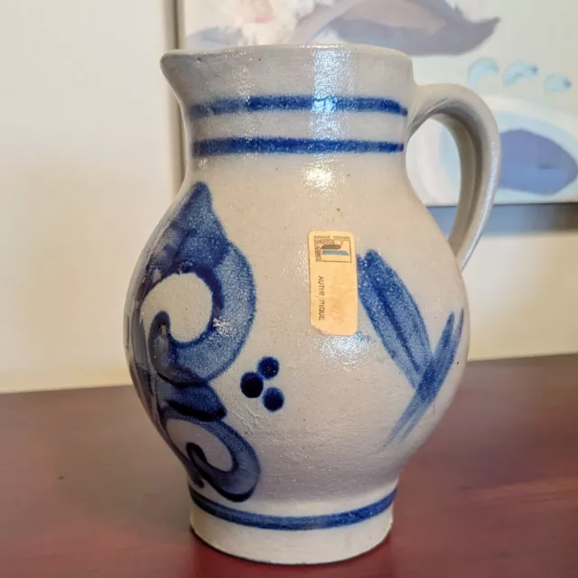 Salt Glazed Pitcher German Cobalt Blue Art Jug 6.25" Handmade STONEWARE Vintage 2