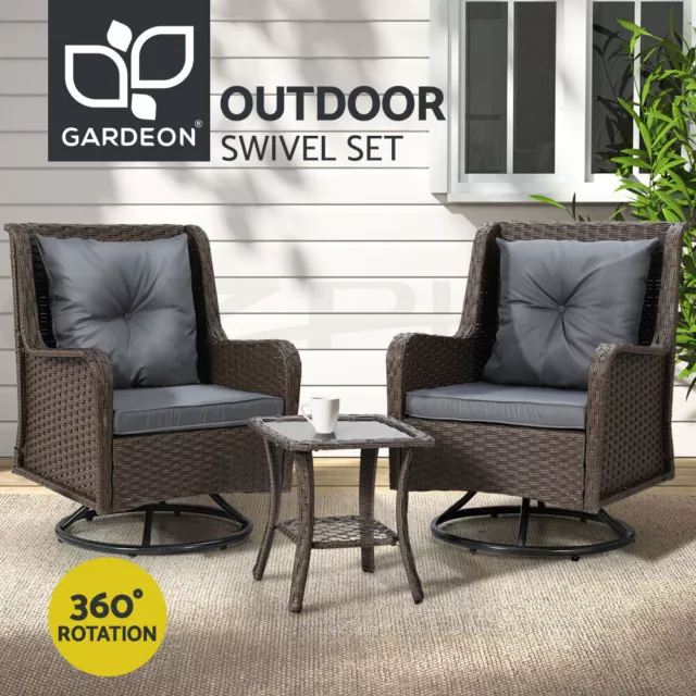 Gardeon Outdoor Furniture Lounge Setting 3Pcs Wicker Swivel Chair Sofa Patio Set