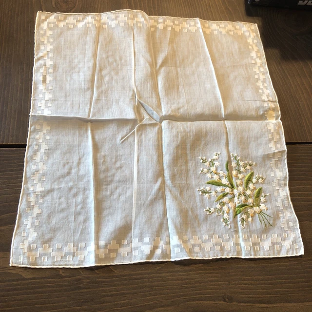 Vintage Ladies Hankie Handkerchief Cream Floral Linen Off White Embroidered Rare