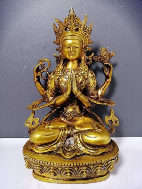 Old Chinese Tibetan Buddhism copper gilt handmade Four-armed Buddha statue