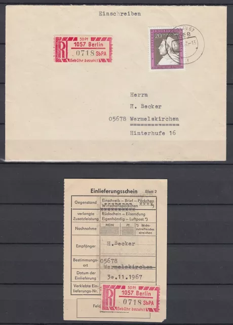 DDR Einschreibemarke 1 Ax PLZ 1057 Brief mit Einlieferungsschein