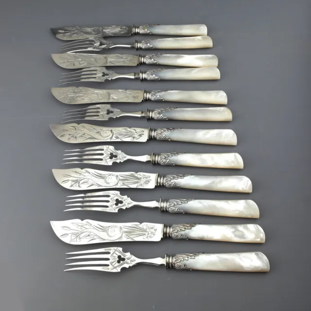 Set 6 Ornate French Solid Sterling Silver and Mother of Pearl Fish Knives /Forks