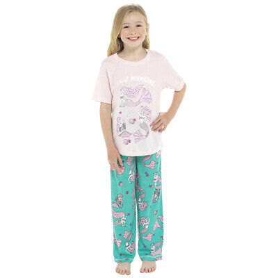 Girls Kids Childrens Jersey Short Sleeve Long Mermaid Pyjamas Nightwear PJs