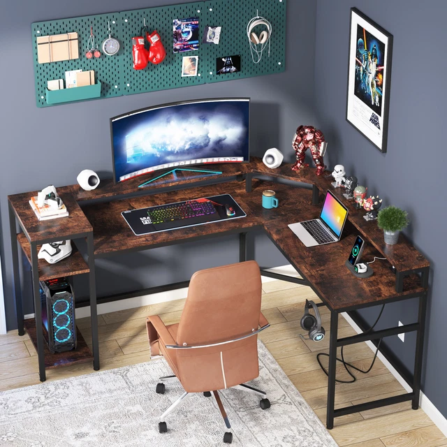 LSHAPED GAMING DESK with Power Outlets & LED Strips, Large Study