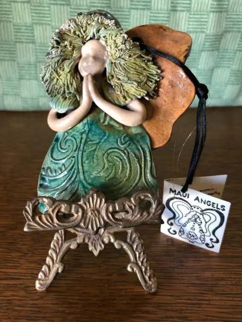 RAKU Ceramic MAUI ANGEL Handmade by Sherrie Barnhard With Gold Stand