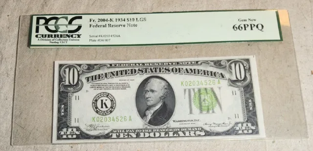 Pcgs Fr. 2004-K 1934 $10 Bill Lgs Federal Reserve Note Gem New 66Ppq K02034526A