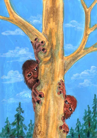 Sasquatch tree Bigfoot peeking Cryptid original ACEO Kim Loberg mini Fantasy art