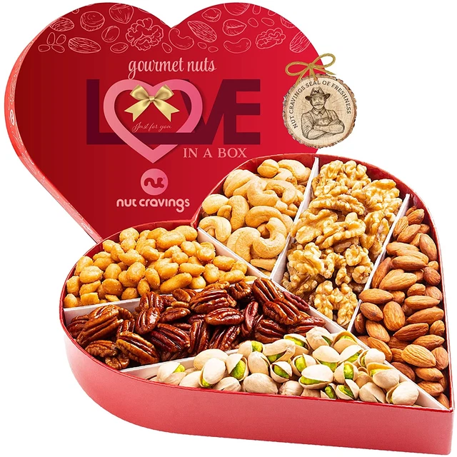 Colección Gourmet - Cesta de regalo de nueces gourmet, amor en caja romántica en forma de corazón