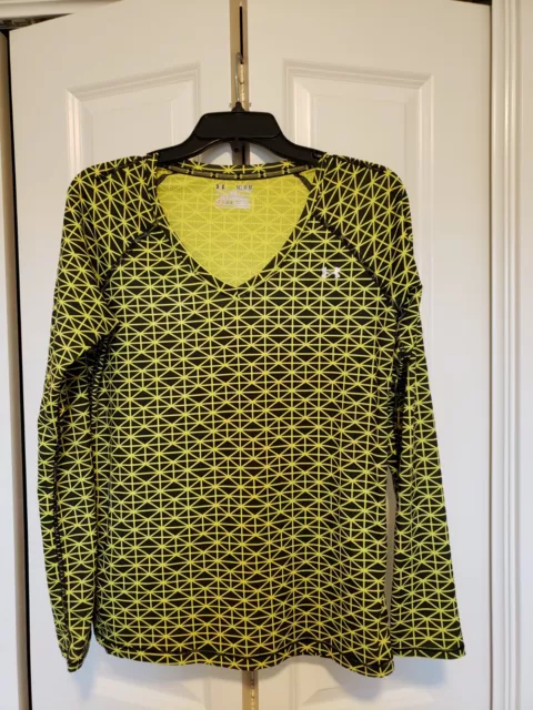 Under Armour Fitted Heat Gear Long Sleeve Shirt Neon Safety Yellow & Black SZ M