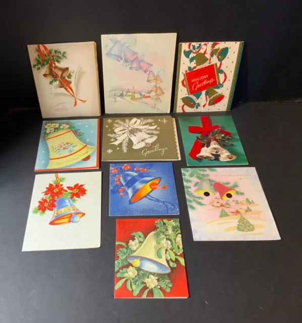 VTG Christmas Card Lot (10) All Bells Embossed Glitter Tri-Fold Sequins Gold