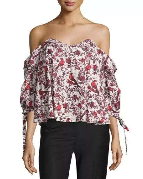 Caroline Constas Gabriella Off-the-Shoulder Bird & Floral Bustier Top Size M