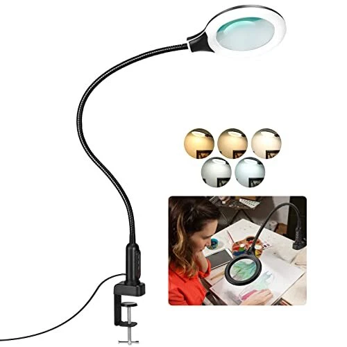 26" Gooseneck Magnifying Lamp with Clamp, 5 Color Modes Stepless Dimmable LED