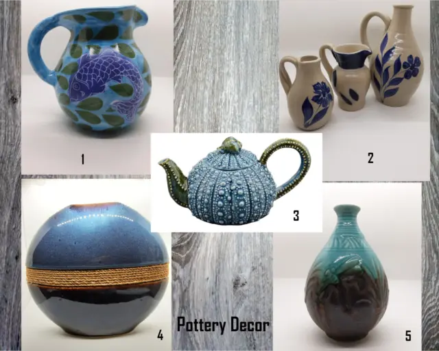 Pottery Tea pots and  Jugs blue  decor rope