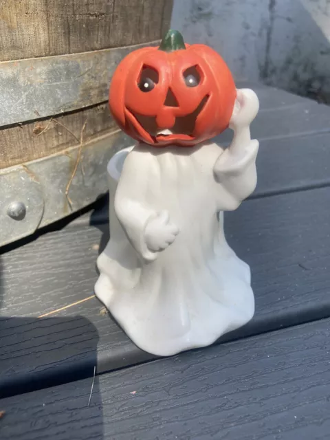 Vintage New Holland Floral Bisque Ceramic Ghost Pumpkin Head Planter Halloween