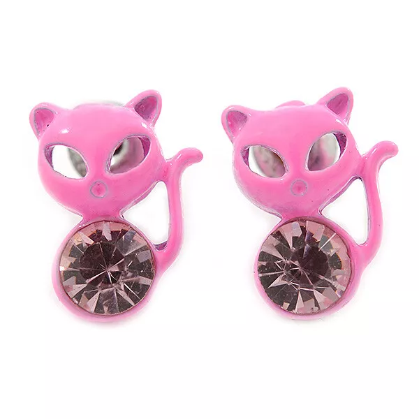 Teen's Baby Pink Crystal Kitty Stud Earrings In Silver Tone Metal - 12mm Length