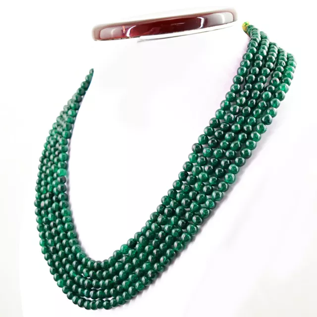 Rare 650.00 Cts Earth Mined 5 Strand Rich Green Emerald Round Beads Necklace