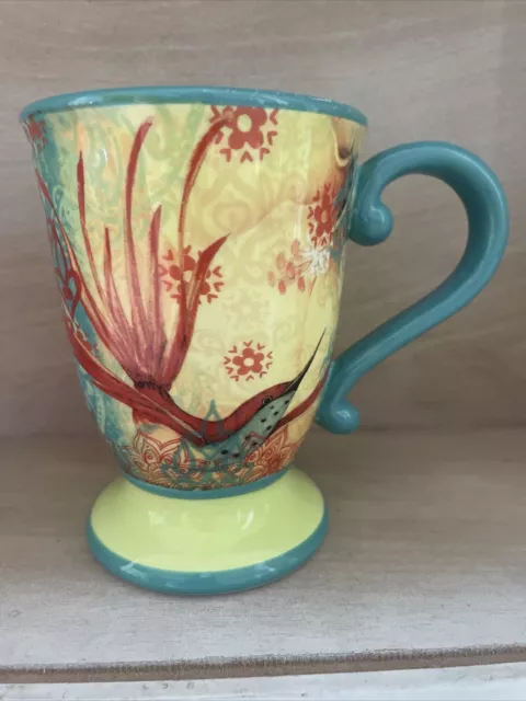 The Studio Shop Susan Winget Pedestal Floral Coffee Tea Mug Teal Hummingbird EUC
