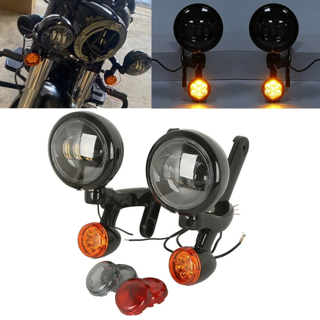Black Passing Turn Signals Fog Lights Bar Set For Harley Road King Models 14-Up