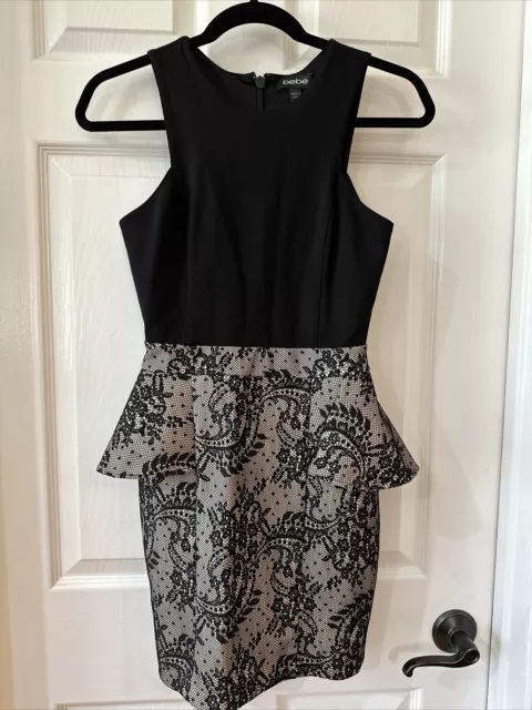 Bebe Women's Small Cocktail Dress Sleeveless Black/Beige with Lace Overlay EUC