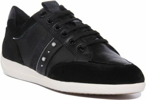 GEOX D Myria Femmes Lacet Décontracté Baskets Cuir en Noir Blanc UK Taille 3 - 8