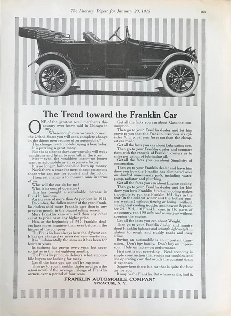 Vintage Print Ad  1915 FRANKLIN AUTOMOBILE COMPANY