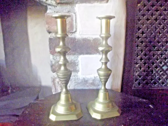 Antique Victorian Pair of Classic Beehive Unpolished Brass Candlesticks