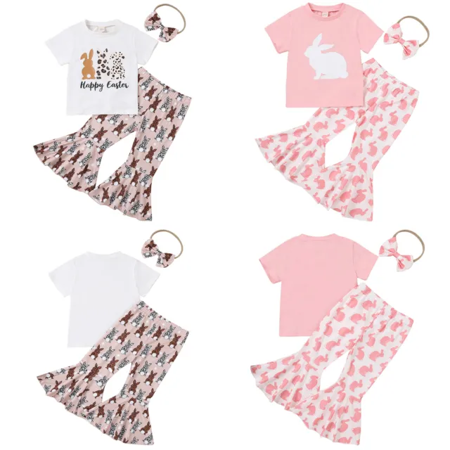Toddler Girls Easter Outfits Rabbit Shirts Bell Bottom Flared Pants Headband Set