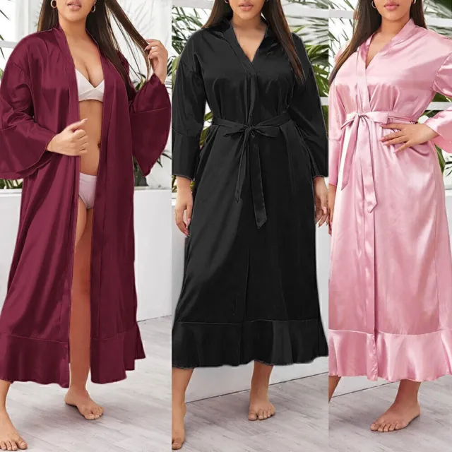 Plus Size Womens Satin Silk Lingerie Robe Ladies Sexy Dressing Gown Night Dress