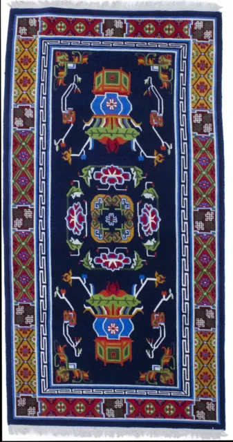 Chinese Style Floral Design Hand Carved 3X6 Navy Blue Oriental Rug Decor Carpet