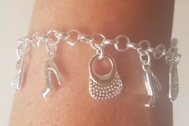 925 Silver Plated Charm Bracelet with Shoe and Bag Charms Gift Wrapped