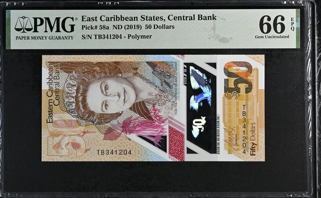 East Caribbean 50 Dollars ND 2019 P 58 a Polymer Gem UNC PMG 66 EPQ NR