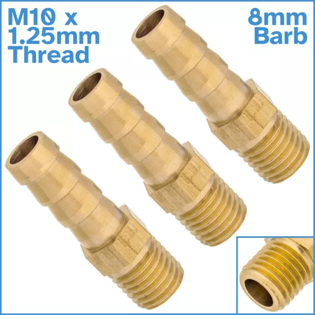 3x Brass 8mm Barb Hose To M10 x1.25mm Male Threaded Pipe Fitting Tail Connector